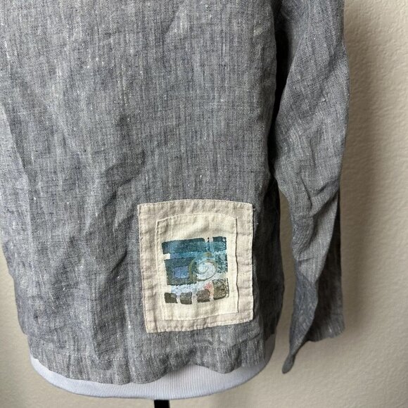 Odille Linen Top XS Gray Abstract Geometric Bohemian Button Down Oversized - Picture 5 of 11